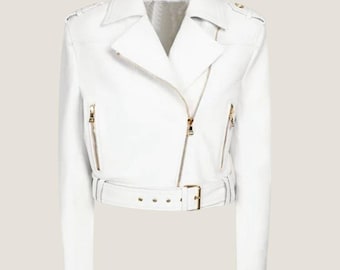 Handmade White Leather Moto Jacket – Cropped, Belted Biker Style