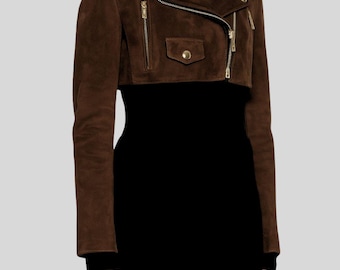 Dark Brown Suede Moto Jacket – Cropped, Gold Hardware
