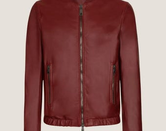 Men's Burgundy Lambskin Leather Bomber Jacket – Slim Fit