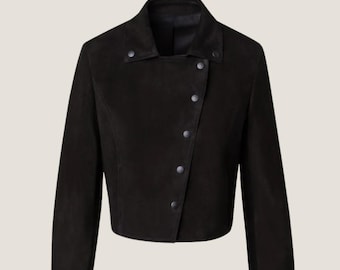 Handmade Cropped Suede Moto Jacket – Black Leather Outerwear