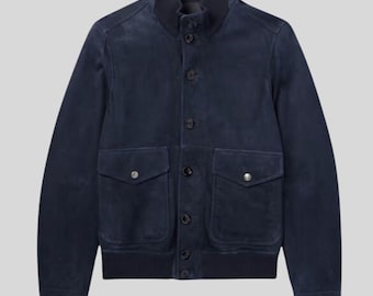 Handmade Blue Suede Bomber Jacket – Men's Vintage Outerwear