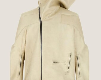 May include: A cream-coloured leather jacket with a high collar and a zip closure. The jacket has a belt at the waist and two pockets on the front.