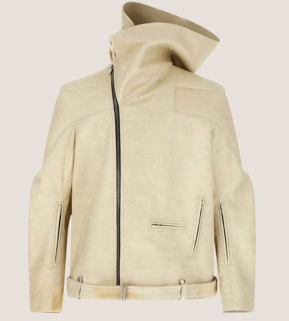 Handmade Beige Leather Hooded Jacket Men Lambskin Zip up Jacket