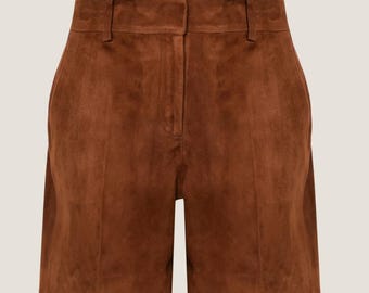 Braune Lammfell-Velour-Shorts - Unisex Lederhose im Vintage-Stil