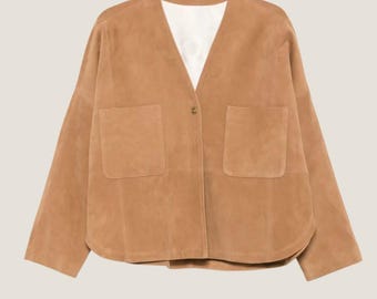 Brown Suede Cropped Jacket – Oversized Minimalist Coat, Handmade