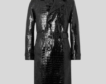 Handmade Black Croc Embossed Leather Trench Coat – Belted Designer Overcoat