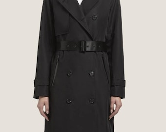 Black Wool Trench Coat, Women’s Belted Handmade Classic Outerwear