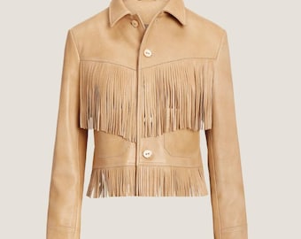 Handmade Leather Fringe Jacket - Tan Brown Western Boho Jacket
