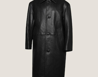 Handmade Black Pebbled Leather Trench Coat - Men's Full-Length Overcoat