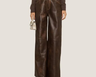 Handmade Brown Leather Wide Leg Trousers – High Waist Luxury Pants
