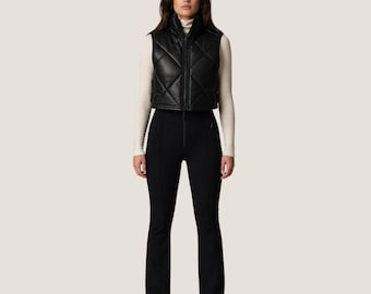 Black Leather Quilted Vest Women - Cropped Puffer Zip High Neck Jacket