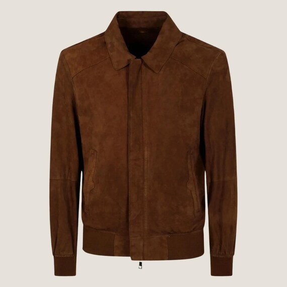 Jaqueta masculina de camurça marrom feita à mão Jaqueta bomber