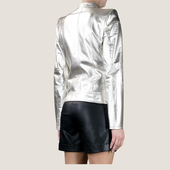 Handgefertigte Silber Lederjacke, Damen Moto Leder, Metallic