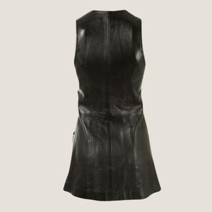 May include: A sleeveless black leather dress with a fitted bodice and a flared skirt.