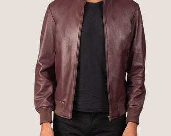 Handmade Maroon Lambskin Leather Bomber Jacket - Men's Streetwear