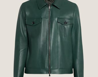 Men's Green Lambskin Leather Trucker Jacket – Full Zip Coat