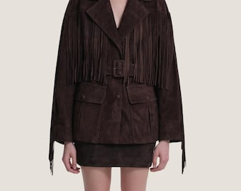 Handmade Dark Brown Suede Fringe Jacket – Western Belted Coat