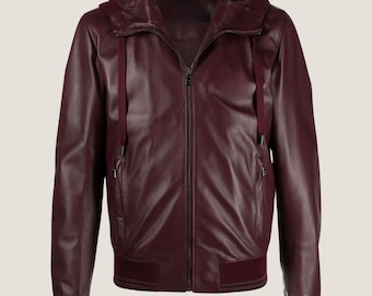 Burgundy Sheepskin Leather Hooded Bomber Jacket, Men's Streetwear