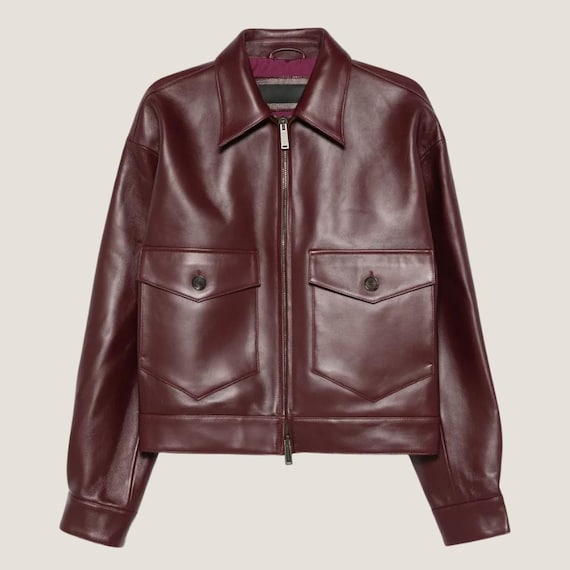 Men's Burgundy Leather Zip Jacket – Satin Lined, Fall Outerwear