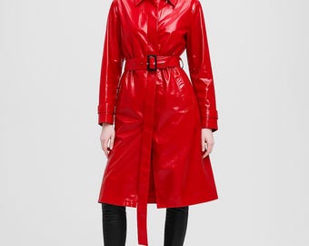 Glossy Red Vinyl Trench Coat – Women's Waterproof Belted Raincoat
