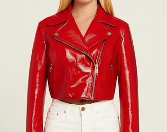 Red Vinyl Moto Jacket – Cropped Waterproof Party Outerwear