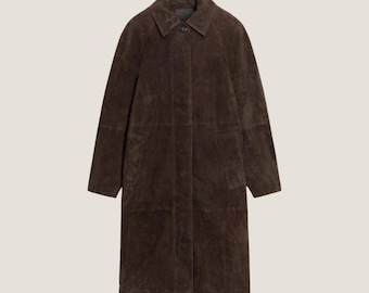 Coffee Brown Suede Trench Coat – Handmade Goatskin Leather, Warm Winter Coat For Outerwear