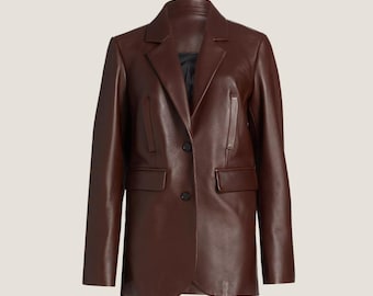 Dark Brown Leather Blazer Women - Handmade Tailored Fit
