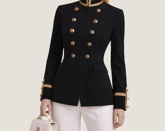 Women Black Military Wool Jacket - Tailored Gold Button Formal Outerwear