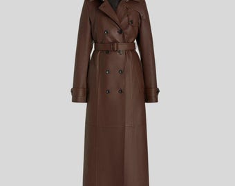 Lambskin Leather Trench Coat – Handmade Dark Brown Belted Overcoat
