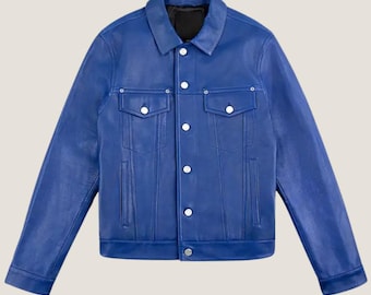 Men's Blue Genuine Leather Jacket – Button Front Streetwear Coat