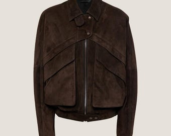 Brown Suede Cropped Bomber Jacket - Handmade Sheepskin Leather