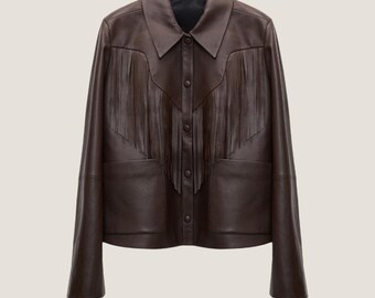 Handmade Brown Leather Fringe Jacket – Western Cowgirl Style