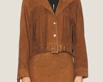 Brown Suede Fringe Jacket – Belted Western Cowgirl Outerwear