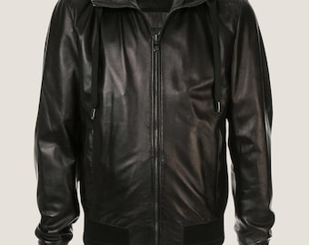 Black Leather Hooded Bomber Jacket – Men's Urban Outerwear