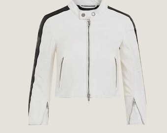 Women's Moto Biker Jacket | Handmade White Cropped Jacket With Black Stripes