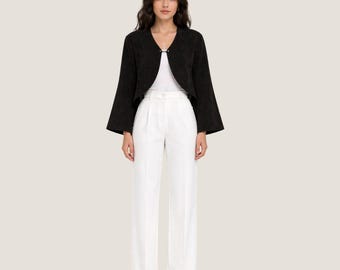 Black Suede Cropped Bolero Jacket - Women Open Front Bell Sleeve Shrug For Fashion Wear