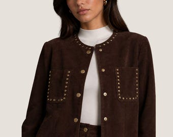 Brown Studded Suede Jacket Women - Western Boho Leather Jacket - Cropped Vintage Style Outerwear