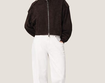 Brown Suede Cropped Jacket Women - Zip Up Oversized Bomber Coat For Fashion Wear
