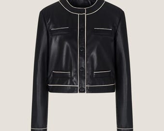 Handmade Cropped Sheepskin Leather Jacket - Black with White Piping