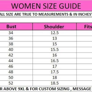 May include: Women's size chart with measurements in inches for bust, shoulder, fits to chest, and sleeves. Sizes range from XXS to 5XL.