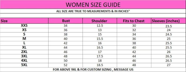 May include: Women's size chart with measurements in inches for bust, shoulder, fits to chest, and sleeves. Sizes range from XXS to 5XL.