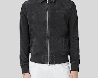 Handmade Black Suede Bomber Jacket – Men's Leather Outerwear