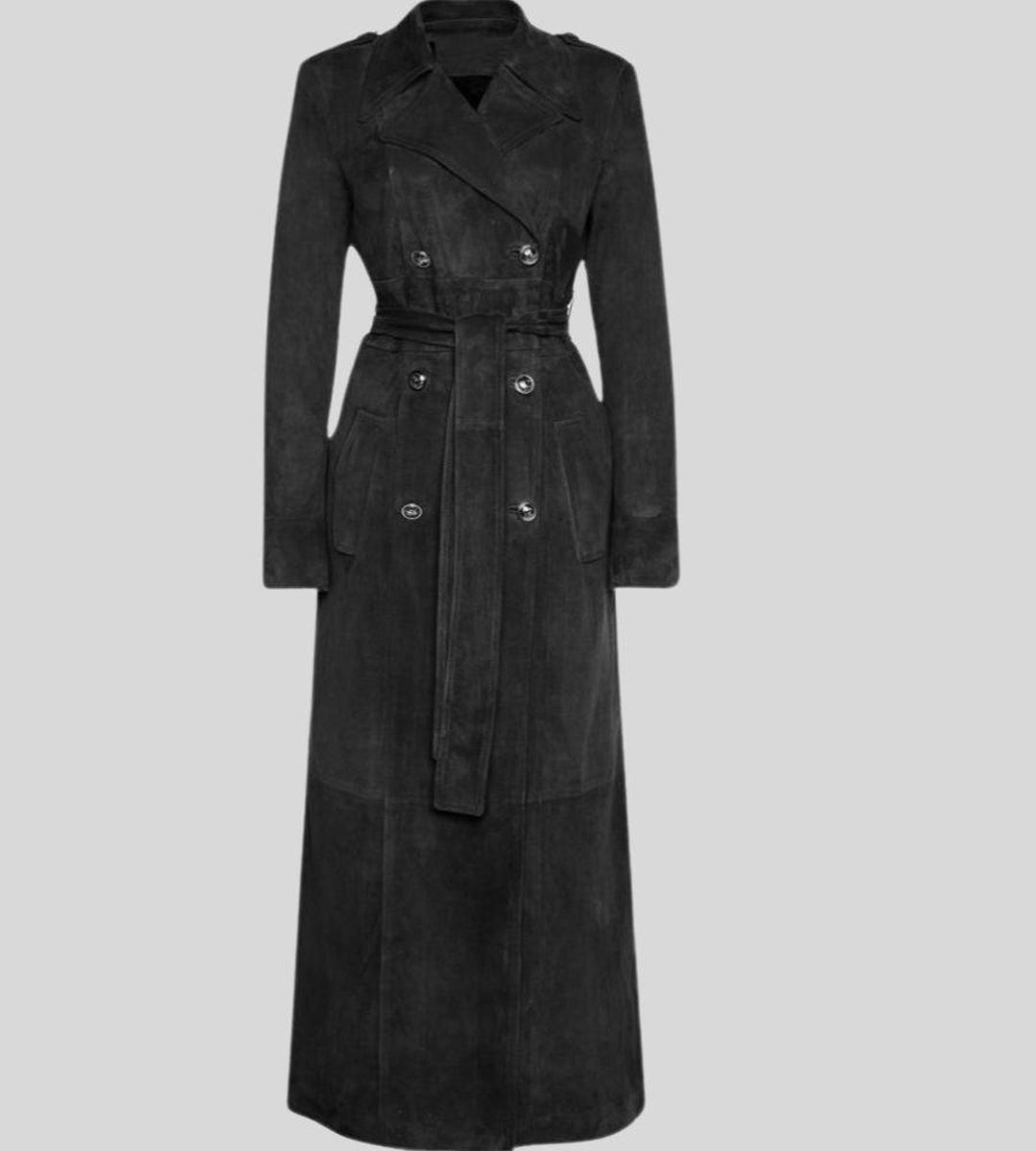 Black Suede Trench Coat Women - Long Belted Overcoat - Handmade