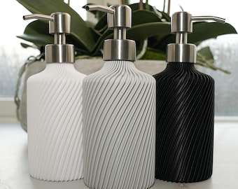 Modern Swirl Soap Dispenser: Refillable Stainless Steel Pump, 3D Printed Plastic