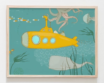 Nursery Yellow Submarine Printable Illustration, Whale Octopus Digital Print Download Art, Ocean Nursery Poster, Submarine Kids Room Print