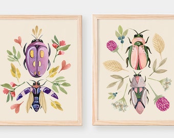 Beetles and Flowers Print Set Digital Download, Printable Insect Artwork, Multicolored Bugs, Beetles Poster Set, Watercolor Beetle Art Print