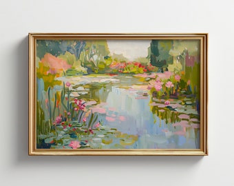 Waterlilies printable landscape painting | Tranquil lake  | Colorful Lily pads printable wall art | Romantic garden decor | DIGITAL DOWNLOAD