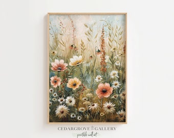 Wildflower painting oil print| Meadows print | Flower garden wall art | Spring decor | Large botanical | Cottagecore | PRINTABLE download