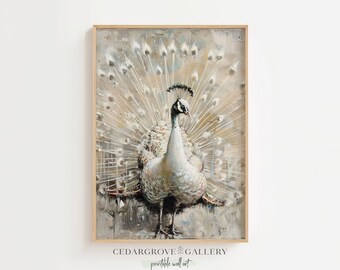 White peacock painting | Neutral colors wall art | Animal art print | Bird art | Living room decor |  PRINTABLE download