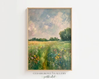 Kunst aan de muur lente, wilde bloemen print, bloemenpad, hedendaagse plattelandsschilderkunst, kunst aan de grote muur woonkamer, groene velden, AFDRUKBAAR
